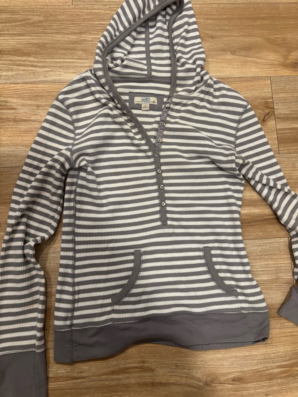 Striped Hooded Henley Pullover - Gray & White SO